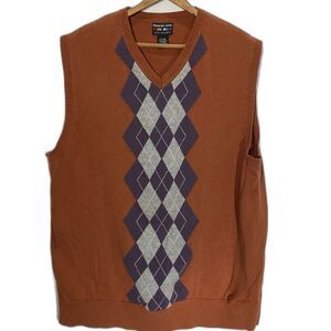 ALEXANDER JULIAN COLOURS Sweater Vest Argyle V-Neck Mens XLT Rust Purple Gray